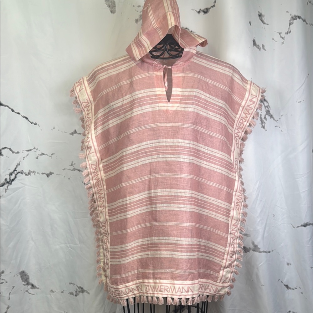 Zimmermann Andie Linen Cover-Up Poncho Drawstring Hood Striped Fringed Edges
